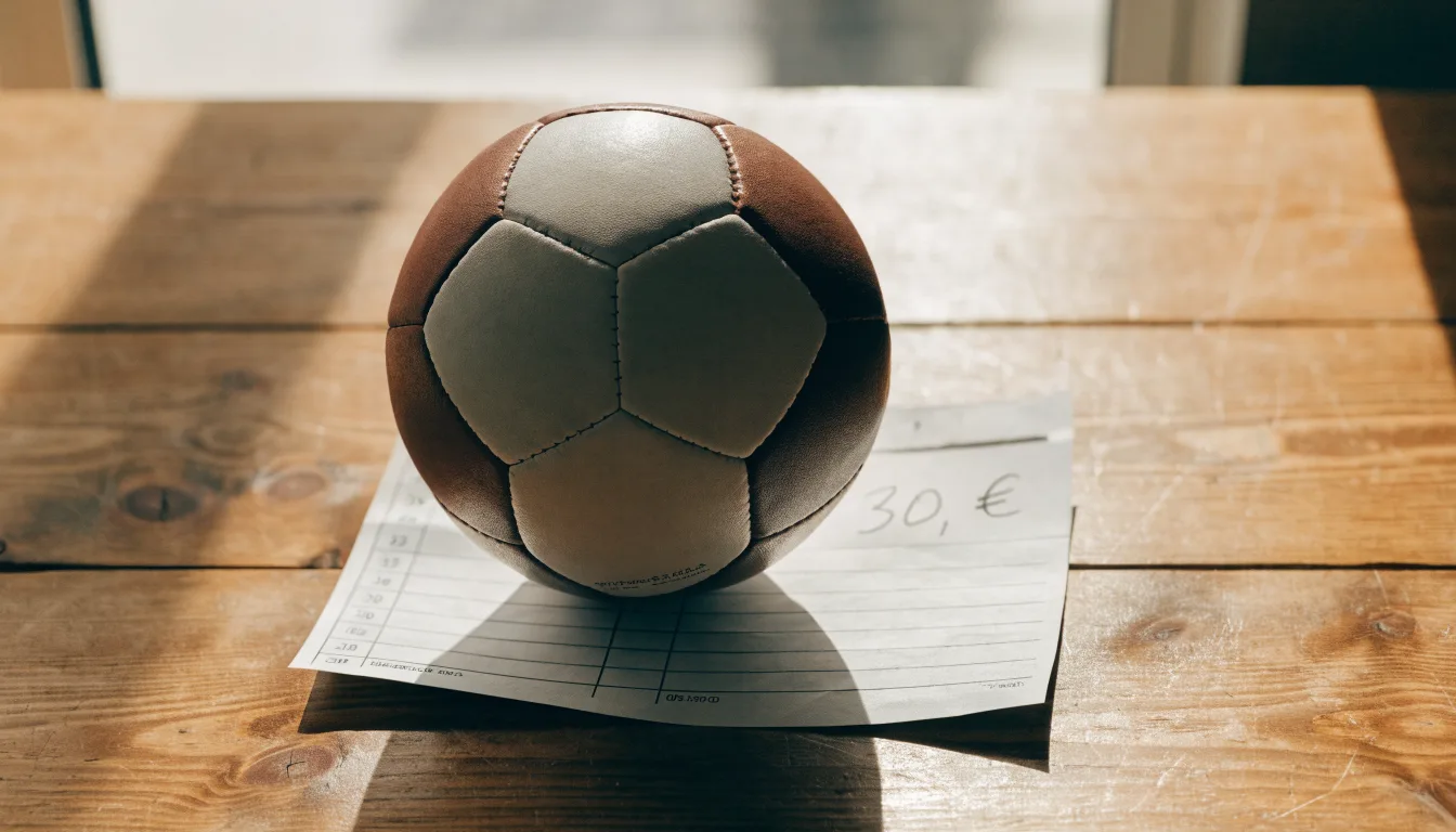 Uma bola de futebol pousada sobre um talão de apostas em branco numa mesa de madeira, à luz do dia