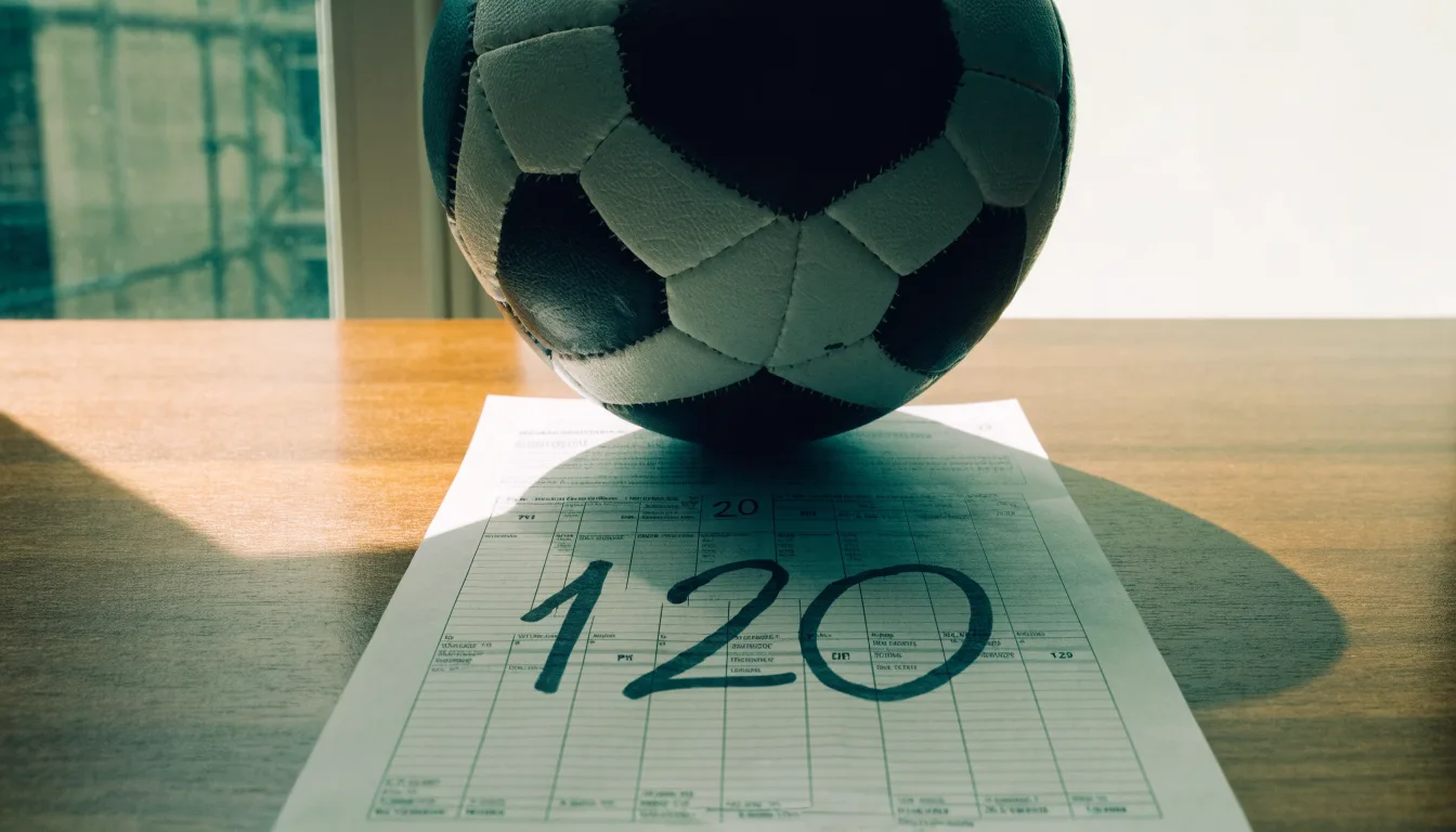 Uma bola de futebol pousada sobre um talão de apostas em branco numa mesa de madeira, à luz do dia