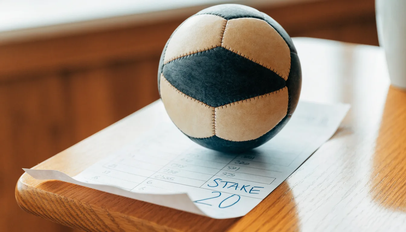 Uma bola de futebol pousada sobre um talão de apostas em branco numa mesa de madeira, à luz do dia