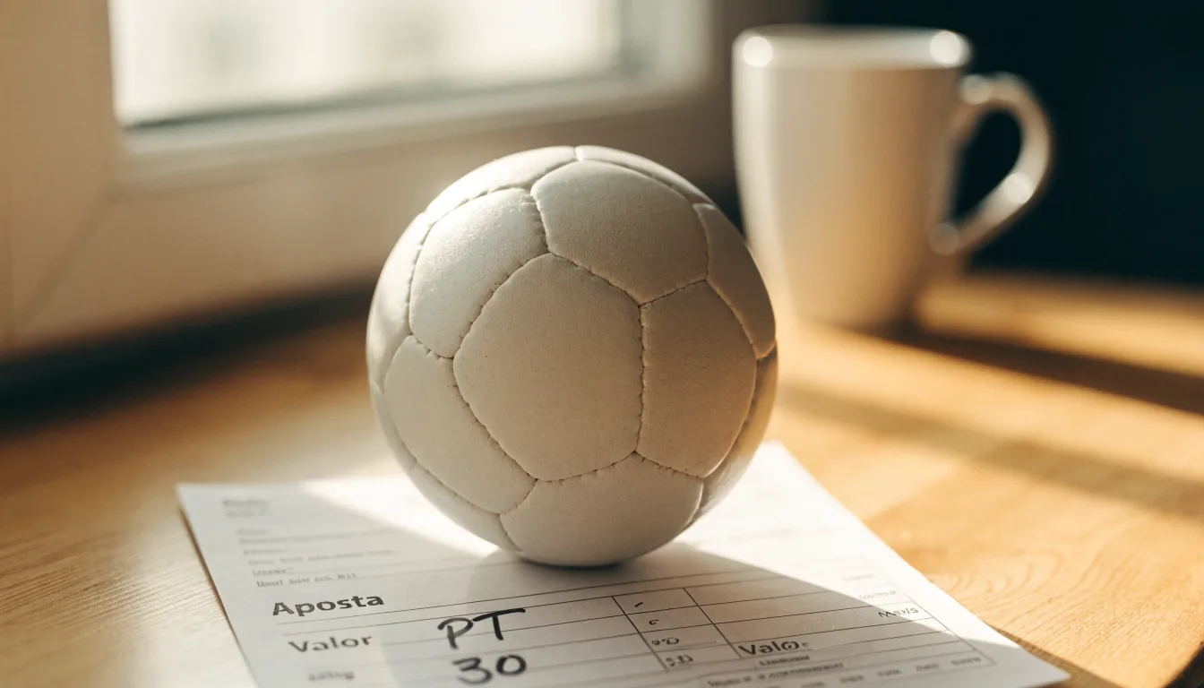 Uma bola de futebol pousada sobre um talão de apostas em branco numa mesa de madeira, à luz do dia
