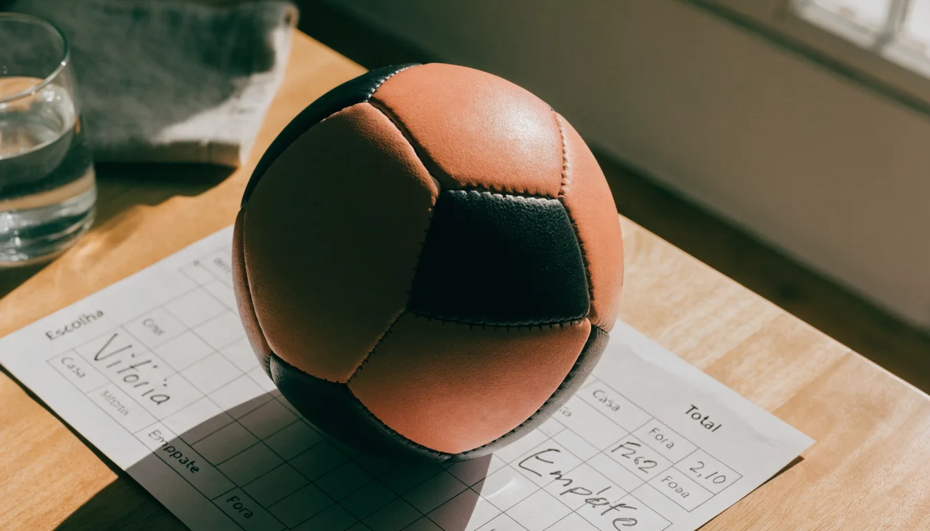 Uma bola de futebol pousada sobre um talão de apostas em branco numa mesa de madeira, à luz do dia