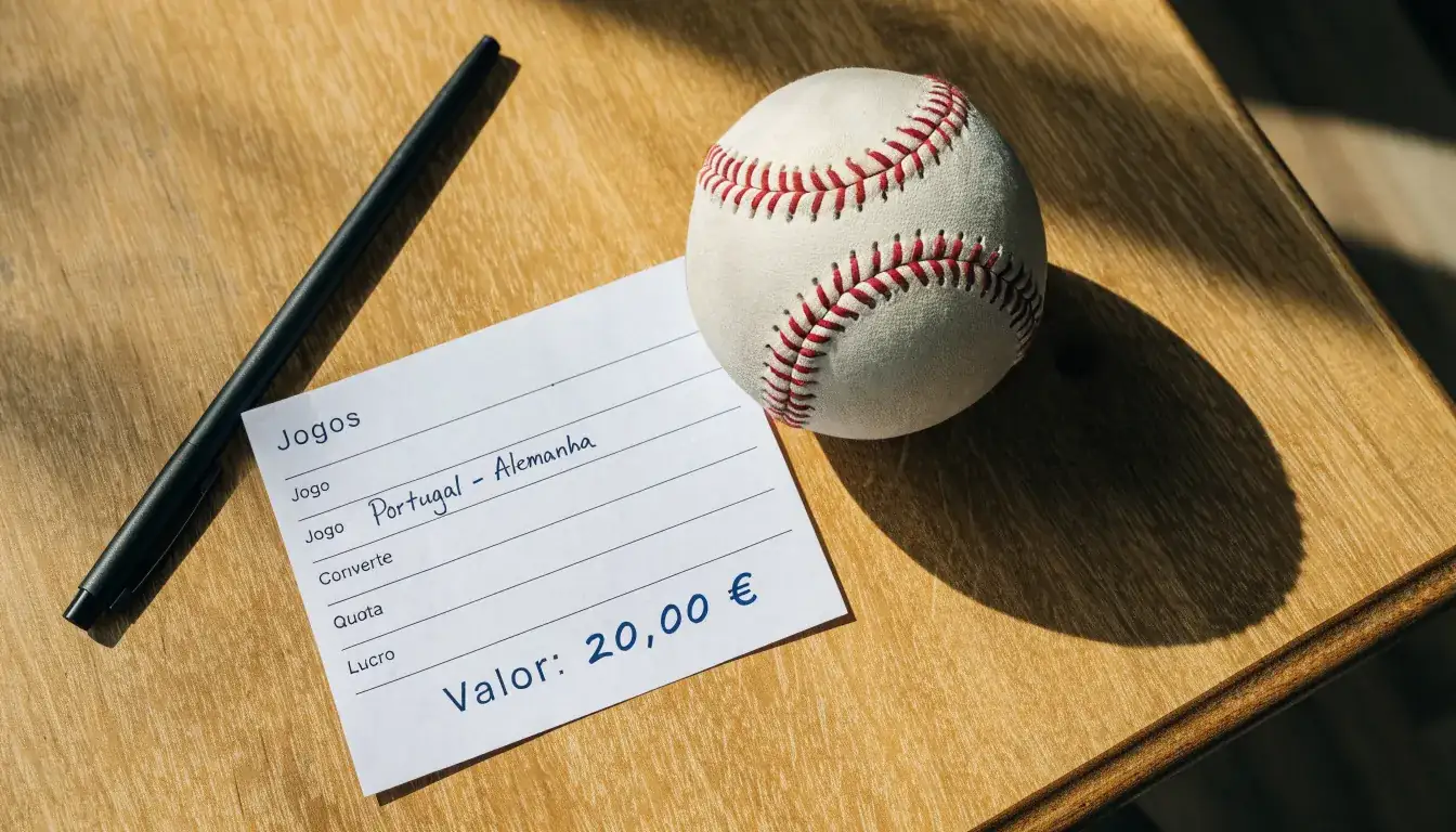 Uma bola de futebol pousada sobre um talão de apostas em branco numa mesa de madeira, à luz do dia