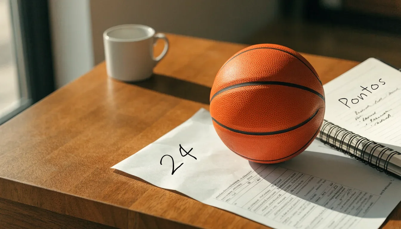 Uma bola de futebol pousada sobre um talão de apostas em branco numa mesa de madeira, à luz do dia