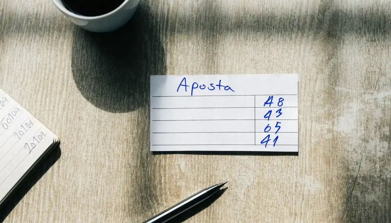 Uma bola de futebol pousada sobre um talão de apostas em branco numa mesa de madeira, à luz do dia