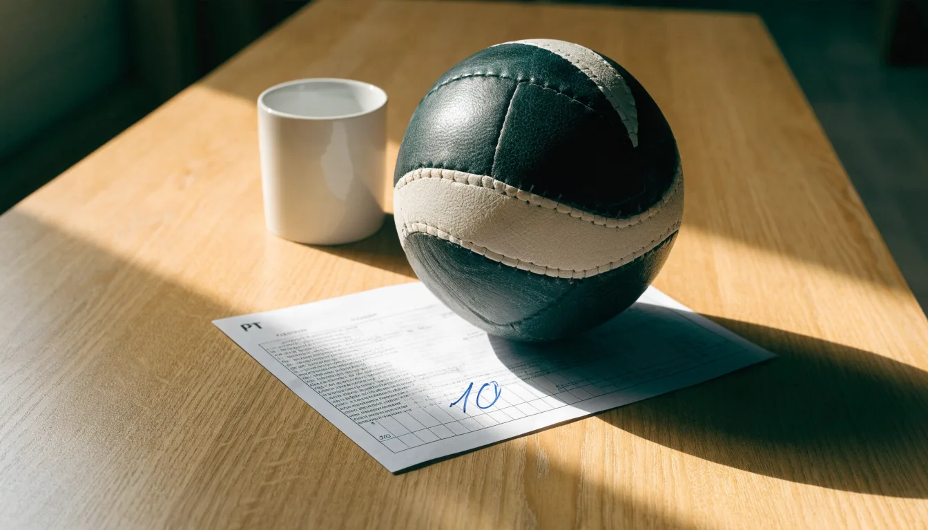 Uma bola de futebol pousada sobre um talão de apostas em branco numa mesa de madeira, à luz do dia