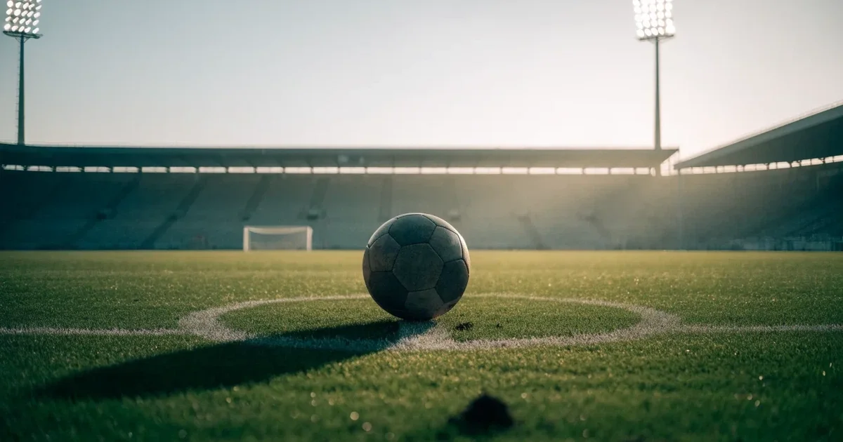Uma bola de futebol no ponto central de um relvado, à luz da manhã