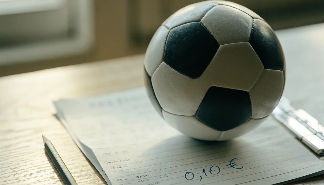 Uma bola de futebol pousada sobre um talão de apostas em branco numa mesa de madeira, à luz do dia