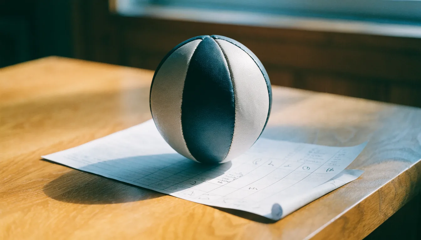 Uma bola de futebol pousada sobre um talão de apostas em branco numa mesa de madeira, à luz do dia