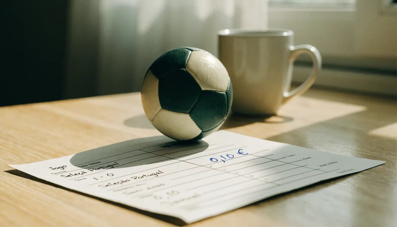Uma bola de futebol pousada sobre um talão de apostas em branco numa mesa de madeira, à luz do dia