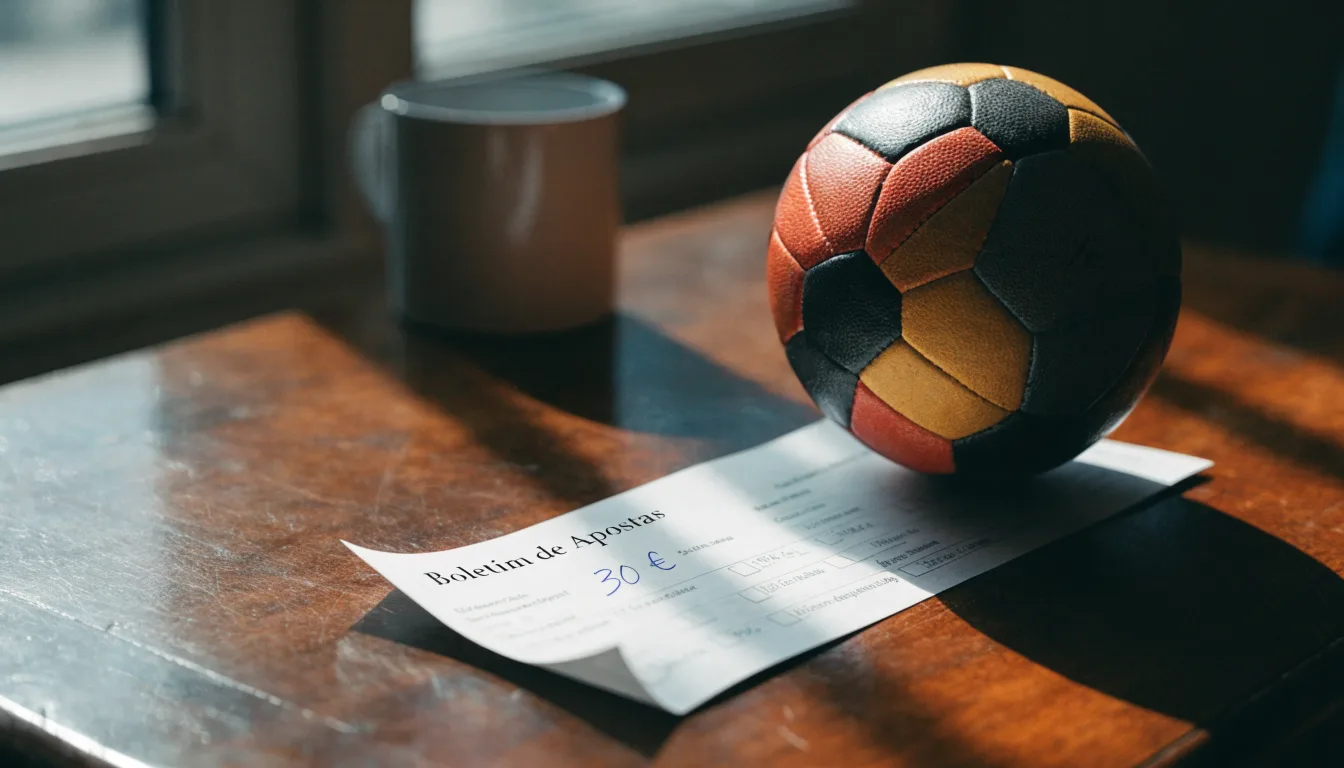 Uma bola de futebol pousada sobre um talão de apostas em branco numa mesa de madeira, à luz do dia