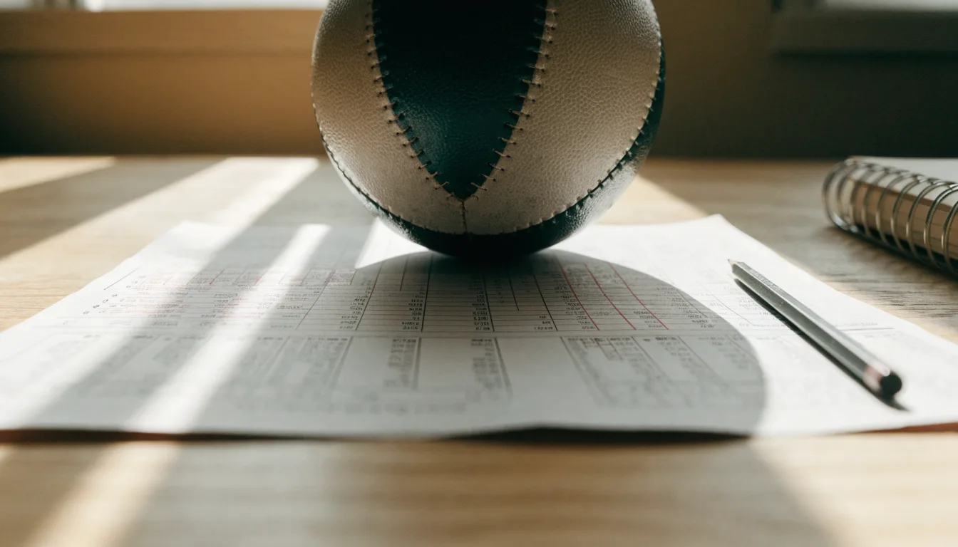 Uma bola de futebol pousada sobre um talão de apostas em branco numa mesa de madeira, à luz do dia