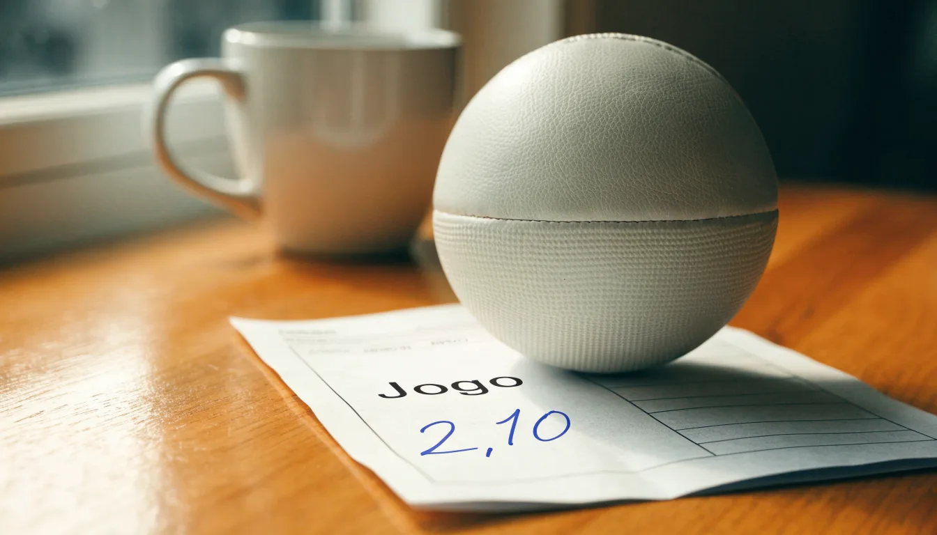 Uma bola de futebol pousada sobre um talão de apostas em branco numa mesa de madeira, à luz do dia