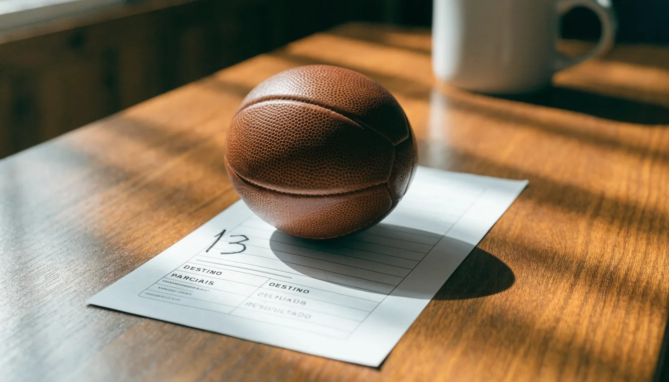Uma bola de futebol pousada sobre um talão de apostas em branco numa mesa de madeira, à luz do dia
