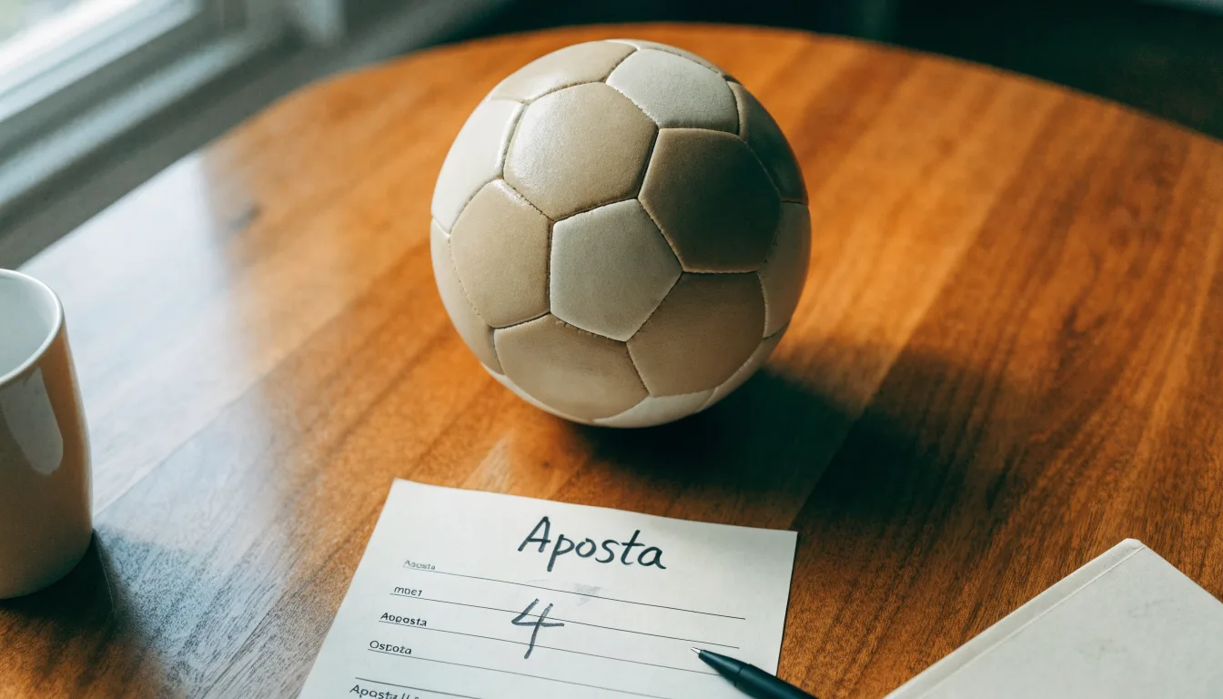 Uma bola de futebol pousada sobre um talão de apostas em branco numa mesa de madeira, à luz do dia