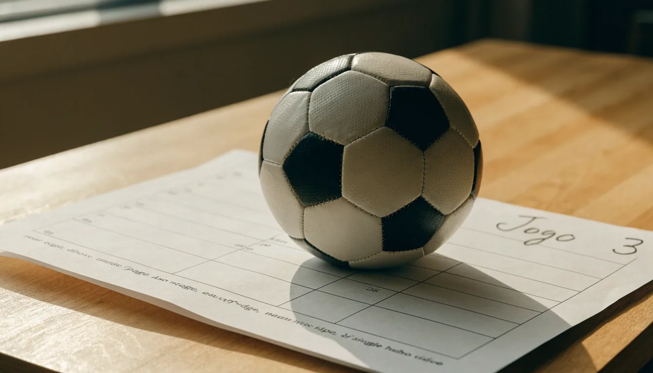 Uma bola de futebol pousada sobre um talão de apostas em branco numa mesa de madeira, à luz do dia