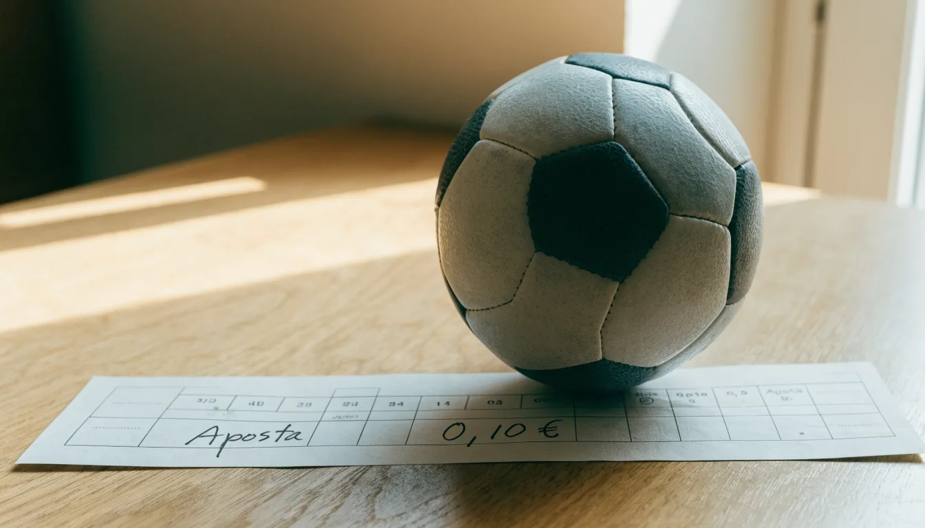 Uma bola de futebol pousada sobre um talão de apostas em branco numa mesa de madeira, à luz do dia