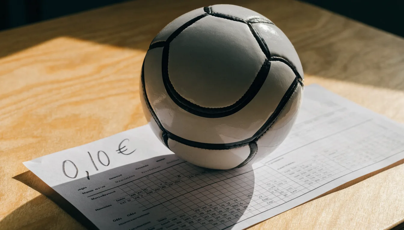 Uma bola de futebol pousada sobre um talão de apostas em branco numa mesa de madeira, à luz do dia