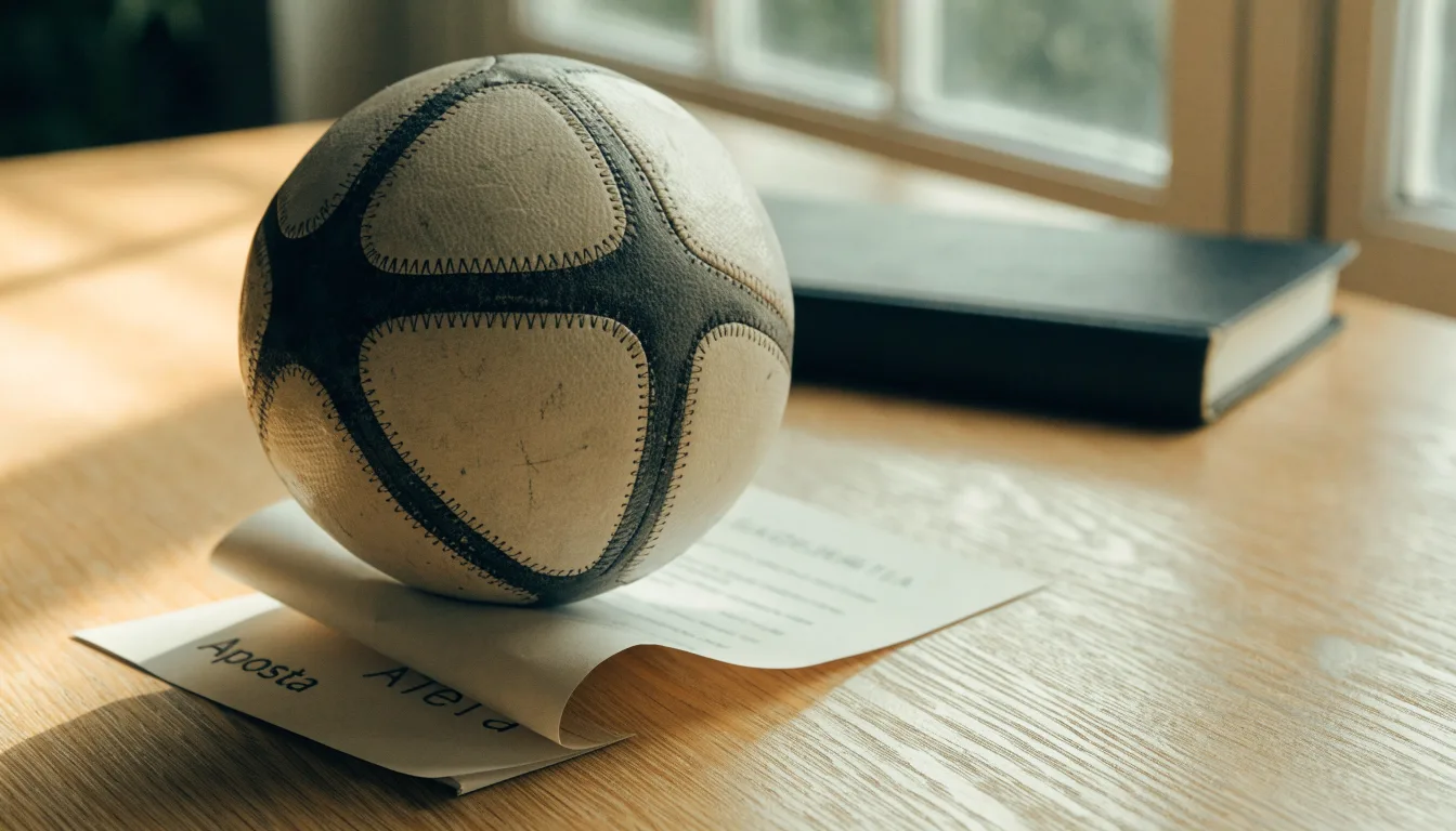 Uma bola de futebol pousada sobre um talão de apostas em branco numa mesa de madeira, à luz do dia