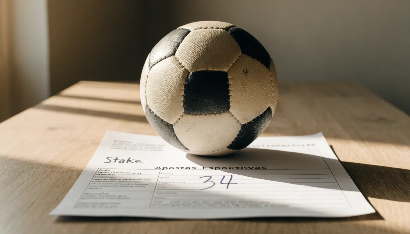 Uma bola de futebol pousada sobre um talão de apostas em branco numa mesa de madeira, à luz do dia