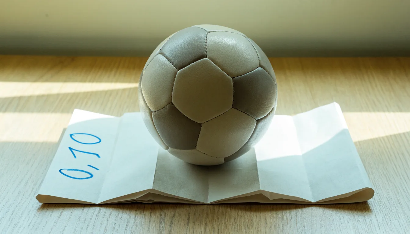 Uma bola de futebol pousada sobre um talão de apostas em branco numa mesa de madeira, à luz do dia