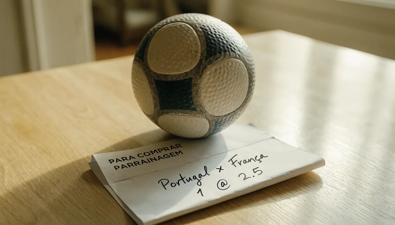 Uma bola de futebol pousada sobre um talão de apostas em branco numa mesa de madeira, à luz do dia