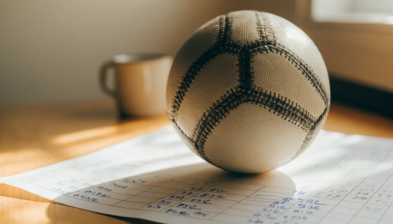 Uma bola de futebol pousada sobre um talão de apostas em branco numa mesa de madeira, à luz do dia