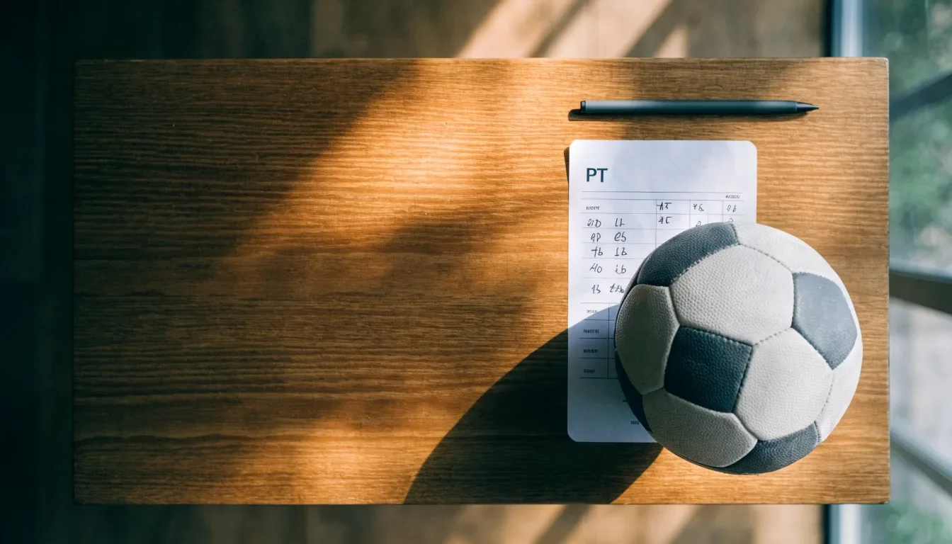 Uma bola de futebol pousada sobre um talão de apostas em branco numa mesa de madeira, à luz do dia