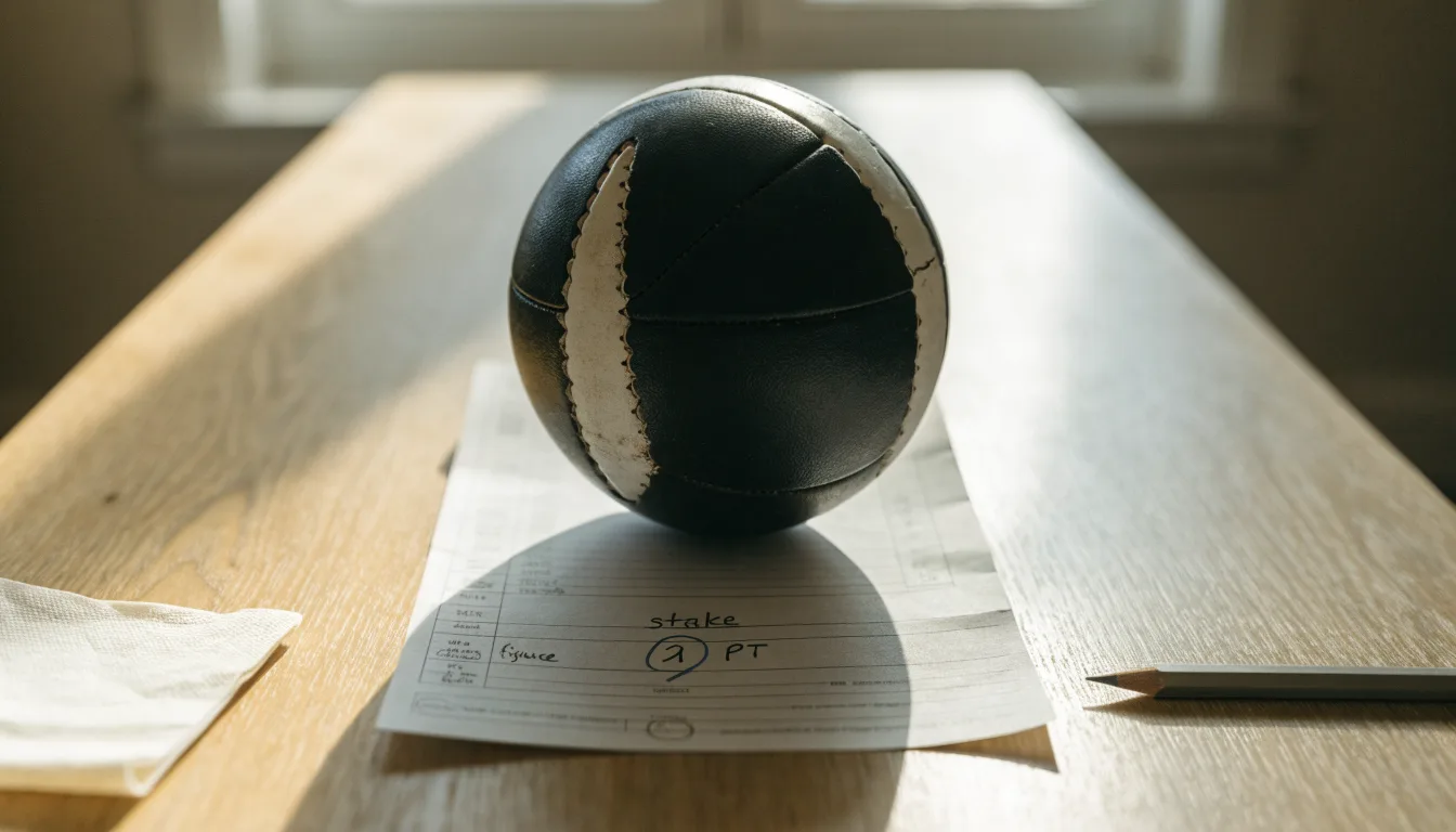 Uma bola de futebol pousada sobre um talão de apostas em branco numa mesa de madeira, à luz do dia