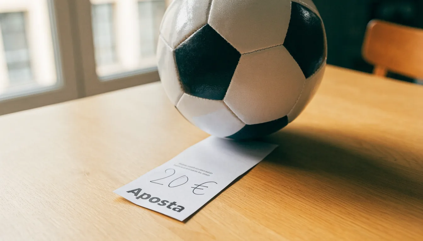 Uma bola de futebol pousada sobre um talão de apostas em branco numa mesa de madeira, à luz do dia