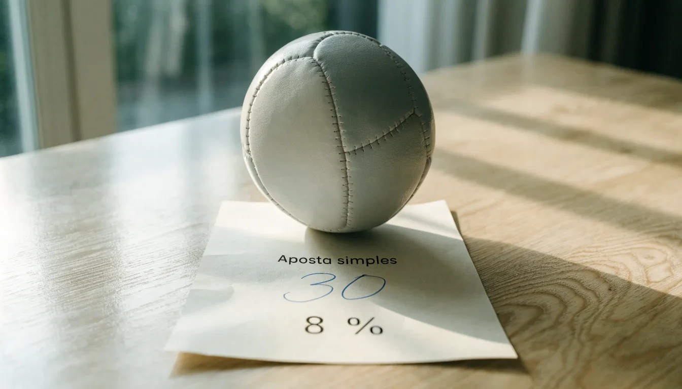 Uma bola de futebol pousada sobre um talão de apostas em branco numa mesa de madeira, à luz do dia