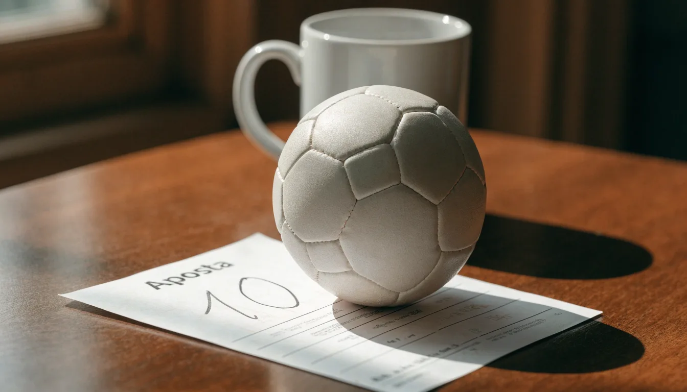 Uma bola de futebol pousada sobre um talão de apostas em branco numa mesa de madeira, à luz do dia