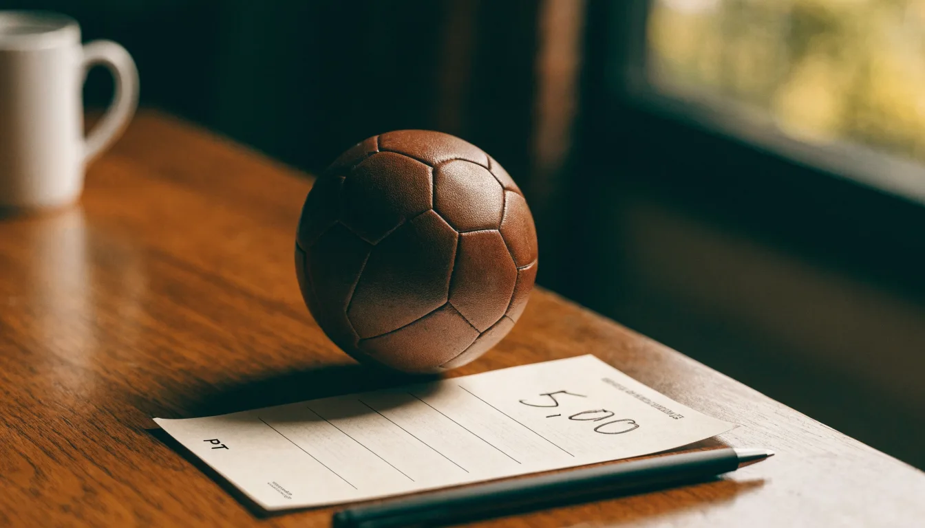 Uma bola de futebol pousada sobre um talão de apostas em branco numa mesa de madeira, à luz do dia
